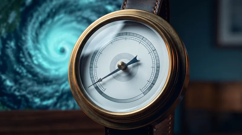 Brass barometer with its needle at low pressure in front of a satellite image of a hurricane