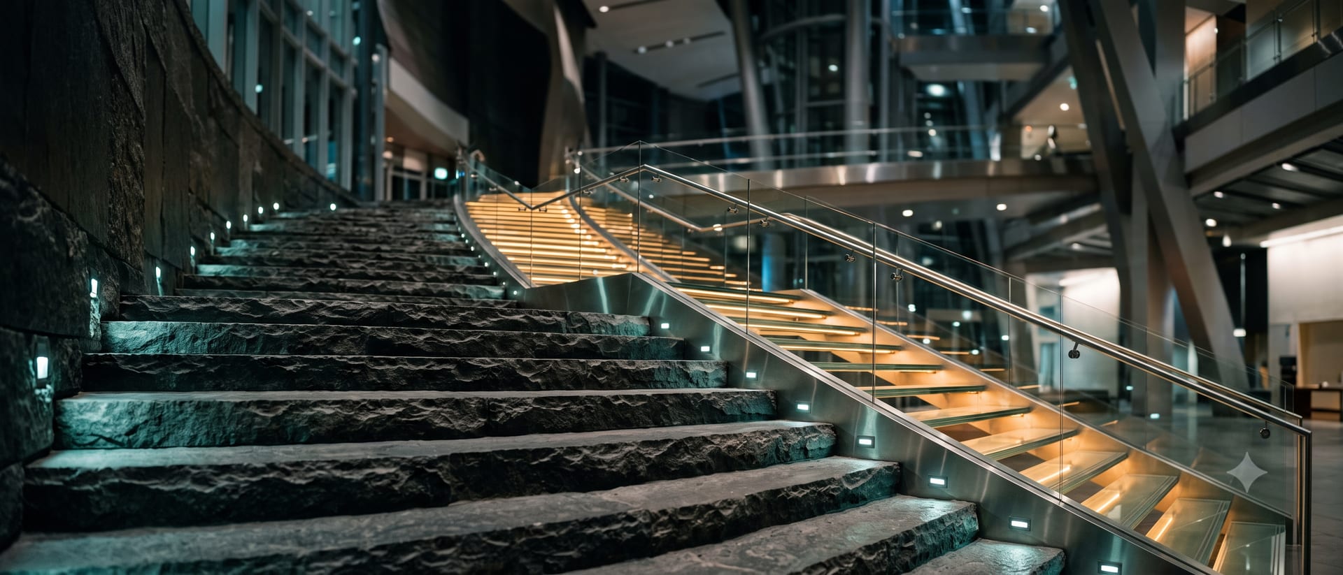 A grand staircase transitioning from raw dark stone steps to polished glass and steel, symbolizing tiered levels of access to the catastrophe bond market