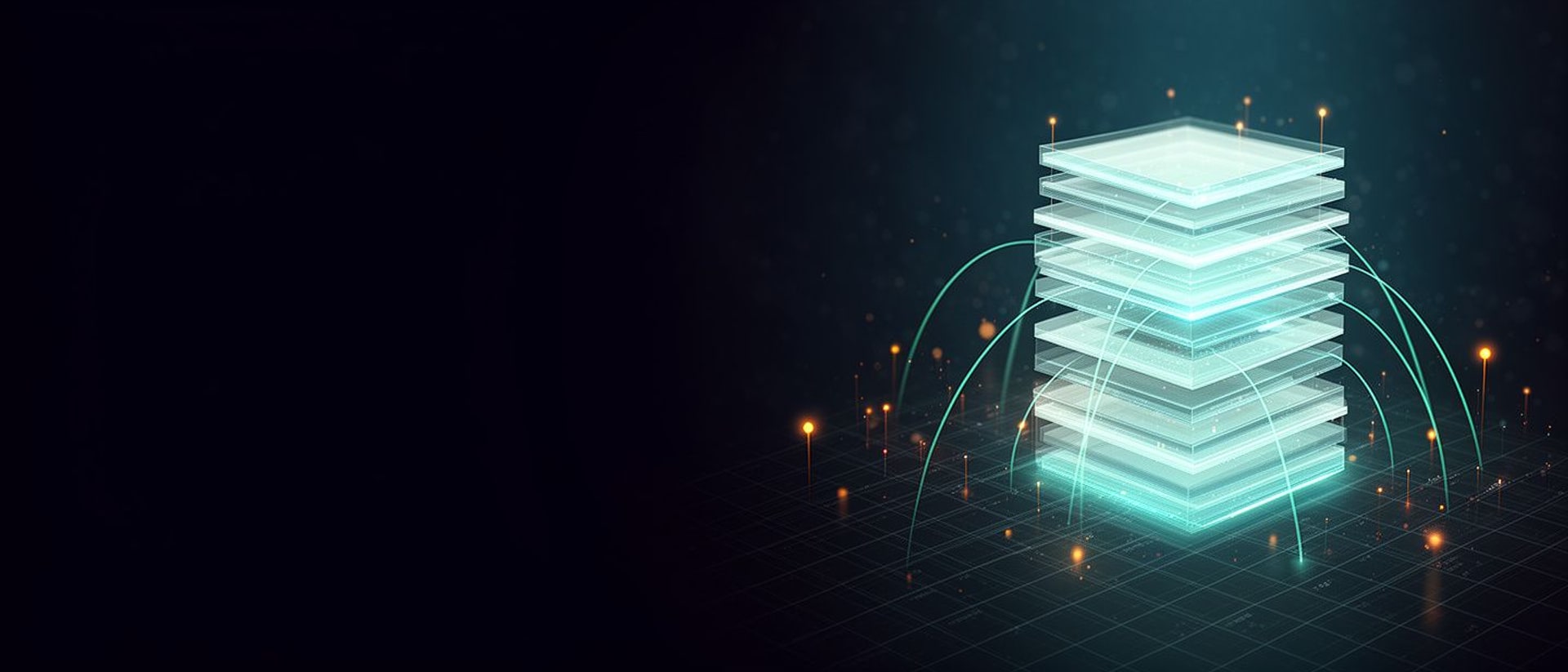 Abstract visualisation of layered insurance risk capital as a stack of illuminated tiers with capital flows arcing between them